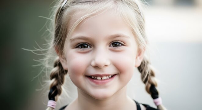 Joyful child's Portrait: The radiant smile of a little girl, her eyes sparkling with pure joy. A moment of innocence and cheerfulness captured in a perfect portrait.