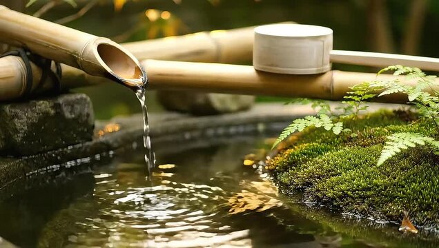 Traditional Japanese Bamboo Water Fountain in a Serene Garden Setting. Ideal for Spa Relaxation Calmness or Zen Atmosphere Themes.