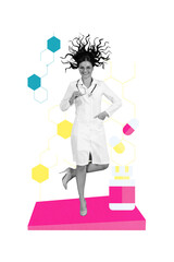 Vertical poster collage young cheerful woman hospital worker doctor white coat pills antibiotics therapy prescription pharmacy
