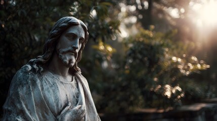 Obraz premium A serene stone statue of Jesus stands in a sun d d garden evoking a sense of peace and reverence