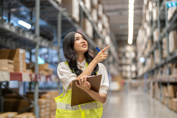 Asian warehouse staff woman checking inventory with clipboard in logistics management, working in supply chain, e-commerce, shipping, warehouse management and distribution center industry business