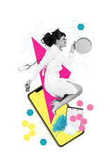 Vertical image collage picture happy joyful woman jump doctor nurse smartphone online examination medical pharmacy therapy