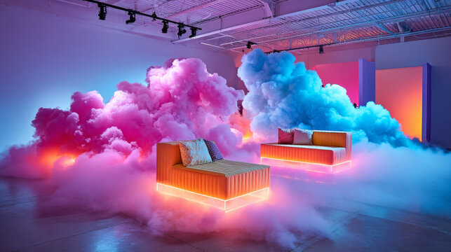 A neon-lit, orange-colored sofa with a pink and blue cloud backdrop in an art gallery setting
