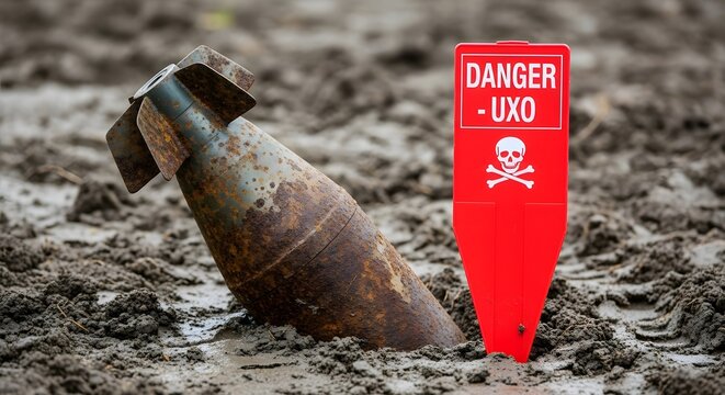 Unexploded ordnance warning in a muddy field: safety concerns and hazard awareness