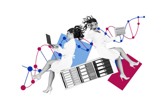 Creative collage image young two colleagues doctors nurses office folders computer dna medical examination therapy drawing background