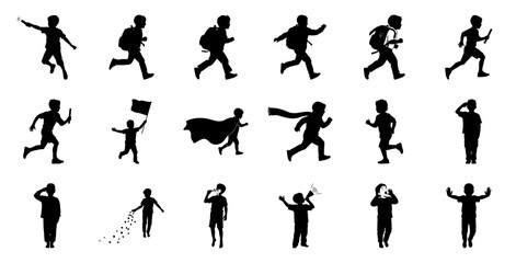 Children silhouettes running playing and posing vector