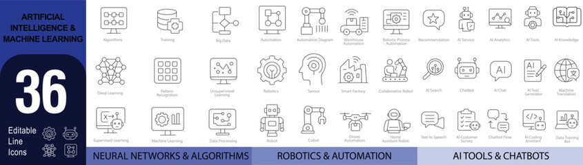 Artificial Intelligence and Machine Learning Line Icons Set — Editable Stroke AI, Neural Network, Big Data, and Automation  | Vector Set in AI, EPS, SVG | Designed in Adobe Illustrator