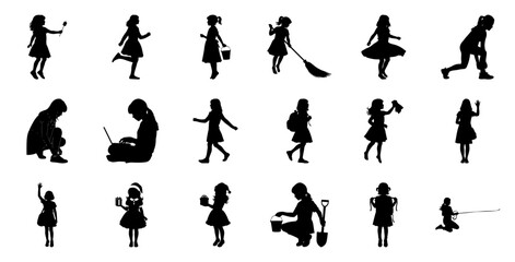 Children silhouettes various activities girls playing
