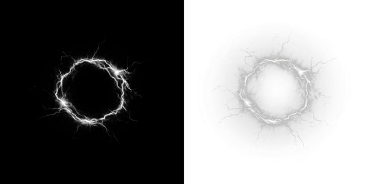 Electric lightning circle overlay on contrasting backgrounds, showcasing dynamic energy and visual impact for creative design applications and artistic projects