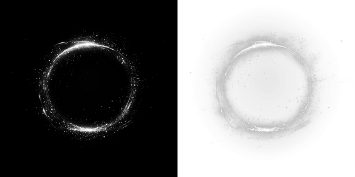 Abstract circular png overlay with sparkling particles on contrasting black and white backgrounds, ideal for creative design projects and visual storytelling elements