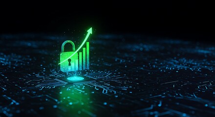 Cyber security concept with lock and growth chart in green
