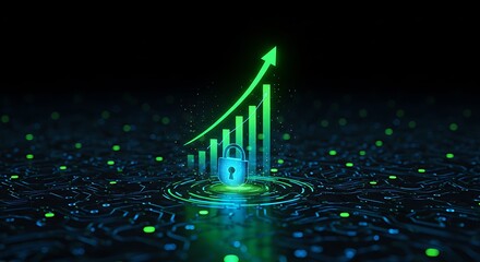 Cyber security concept with lock and growth chart in green color
