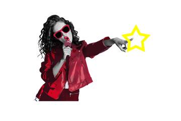 Composite photo collage of happy girl wear stylish leather jacket sunglass hold mic sing performance concert isolated on painted background
