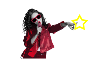 Composite photo collage of happy girl wear stylish leather jacket sunglass hold mic sing performance concert isolated on painted background