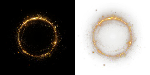 Golden sparkles forming a circular overlay on contrasting backgrounds, creating a magical effect for design projects, enhancing visual storytelling and creativity