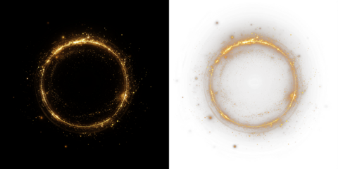 Golden sparkles forming a circular overlay on contrasting backgrounds, creating a magical effect for design projects, enhancing visual storytelling and creativity