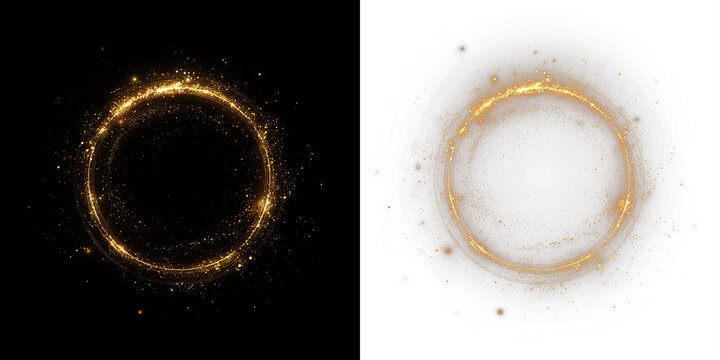 Golden sparkles forming a circular overlay on contrasting backgrounds, creating a magical effect for design projects, enhancing visual storytelling and creativity