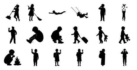 Obraz premium Children silhouettes various activities playing sweeping