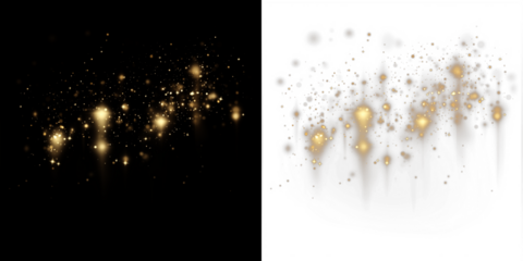 Gold glittering particles overlay on black and white backgrounds, creating a stunning visual effect for design projects, enhancing creativity and elegance in digital artwork