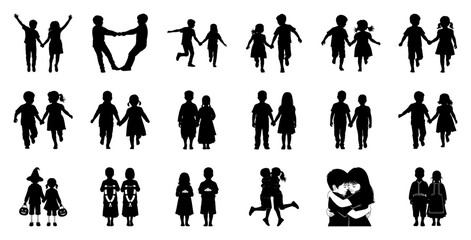 Children silhouettes various poses boys girls