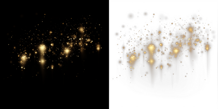 Gold glittering particles overlay on black and white backgrounds, creating a stunning visual effect for design projects, enhancing creativity and elegance in digital artwork