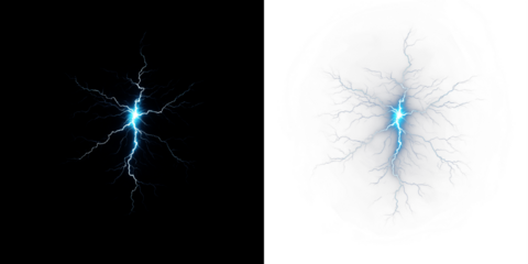 Electric lightning bolt illustration with vibrant blue glow on contrasting black and white backgrounds, showcasing dynamic energy and powerful visual impact for creative projects