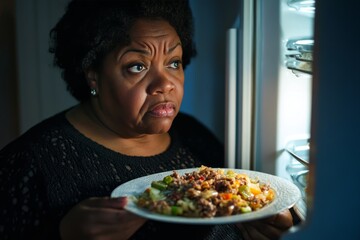 An obese woman is upset about switching to a healthy diet
