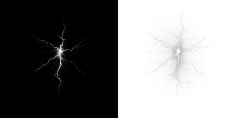 Lightning bolt illustration on contrasting backgrounds, showcasing dynamic energy and movement, ideal for creative projects and graphic design applications with copy space