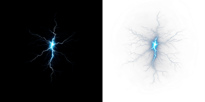 Electric lightning bolt illustration with vibrant blue glow on contrasting black and white backgrounds, showcasing dynamic energy and powerful visual impact for creative projects