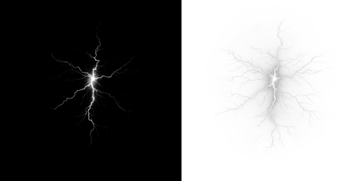 Lightning bolt illustration on contrasting backgrounds, showcasing dynamic energy and movement, ideal for creative projects and graphic design applications with copy space