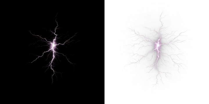 Lightning bolt illustration with vibrant purple hues on contrasting black and white backgrounds, showcasing dynamic energy and visual impact for creative projects