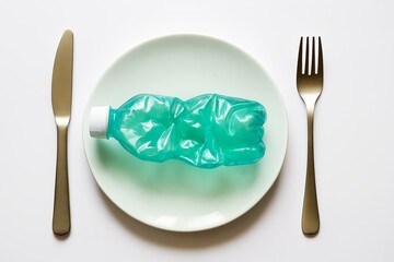 Plastic bottle served on a plate with gold cutlery, symbolizing pollution, consumption, and environmental impact. Conceptual image for sustainability, health, and ecological awareness campaigns.