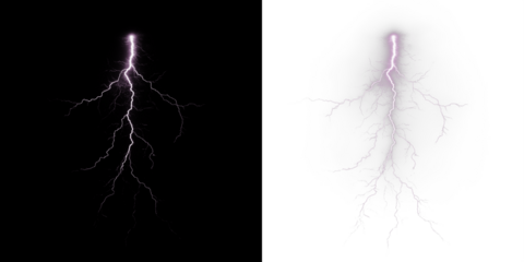 Lightning bolt illustration with vibrant purple hues on contrasting black and white backgrounds, showcasing dynamic energy and natural power in a visually striking design concept