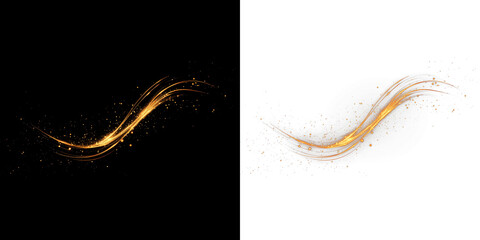Golden sparkly swirl overlay on black and white backgrounds, featuring flowing lines and shimmering particles, perfect for creative design and artistic projects