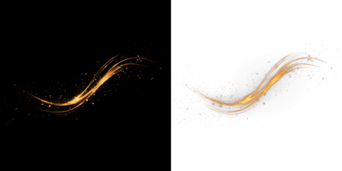 Golden sparkly swirl overlay on black and white backgrounds, featuring flowing lines and shimmering particles, perfect for creative design and artistic projects