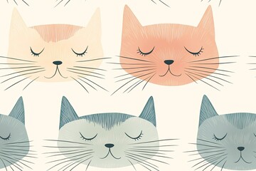 Seamless pattern of cute cats on light fog