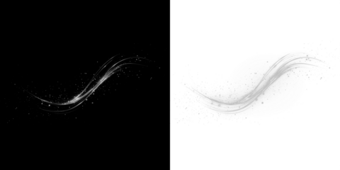 Abstract swirl design with sparkling elements on contrasting black and white backgrounds, showcasing fluid motion and elegance, perfect for creative projects and digital overlays