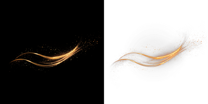 Golden sparkly wave overlay design with shimmering particles on contrasting black and white backgrounds, ideal for creative projects and visual storytelling
