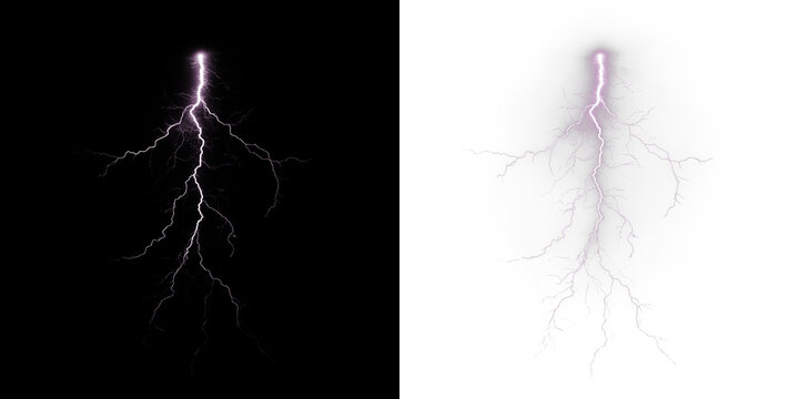 Lightning bolt illustration with vibrant purple hues on contrasting black and white backgrounds, showcasing dynamic energy and natural power in a visually striking design concept