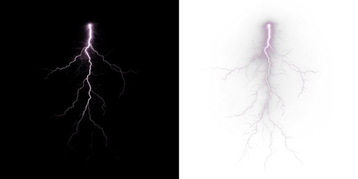 Lightning bolt illustration with vibrant purple hues on contrasting black and white backgrounds, showcasing dynamic energy and natural power in a visually striking design concept