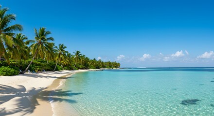 Naklejka premium Paradise Shore: An idyllic beach scene unfolds, with turquoise waters meeting the pristine sands. Lush palm trees sway gently under a clear, azure sky, evoking a sense of tranquility.