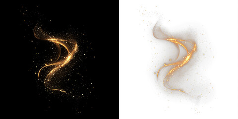 Golden sparkles and shimmering light trails swirl gracefully against contrasting black and white backgrounds, creating a mesmerizing visual effect for artistic and design applications