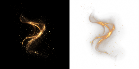 Golden sparkles and shimmering light trails swirl gracefully against contrasting black and white backgrounds, creating a mesmerizing visual effect for artistic and design applications