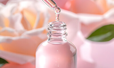 Close-up of serum drops falling from glass dropper into clear bottle, concept of hydration and precision skincare