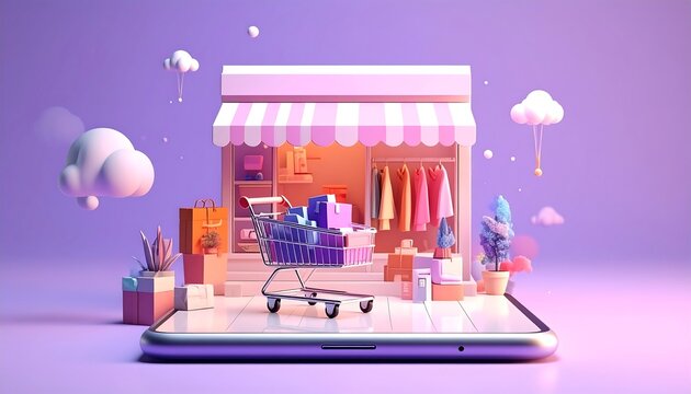A stylized digital storefront sitting atop a smartphone, filled with shopping bags, clothes, and a shopping cart