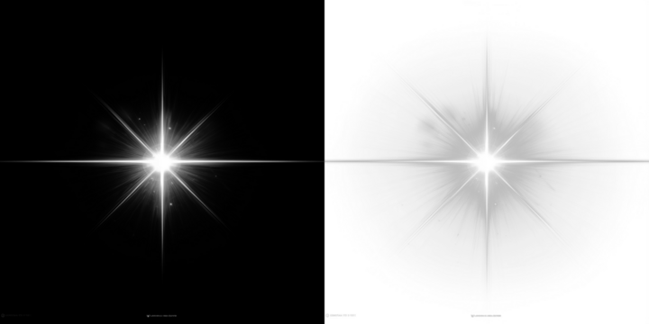 Bright starburst overlay on contrasting black and white backgrounds, creating a dynamic visual effect for artistic projects and design applications with copy space