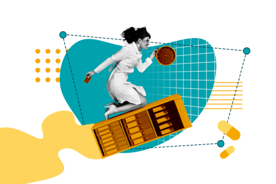 Composite photo collage of happy doctor girl fly book shelf medical education pills covid treatment vaccine isolated on painted background