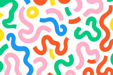 Colorful abstract organic shapes seamless pattern with wavy lines and curves on white background. Perfect for textile print, wrapping paper, wallpaper, and modern decorative design projects.