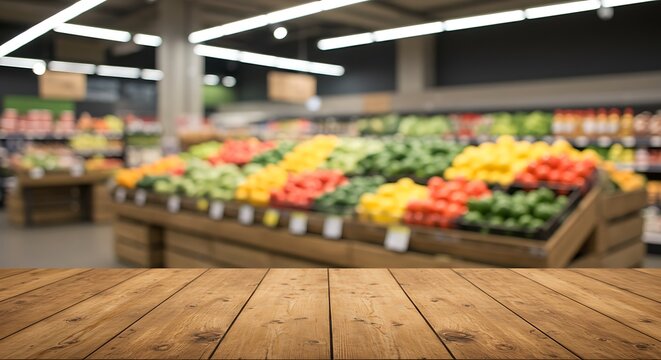 Fresh fruits and vegetables on a wooden table at a market or cafe