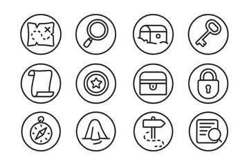 Treasure Hunt Symbols. Line style round icons of treasure hunt: map, magnifying glass, hidden box, vintage key; scroll, gold coin,